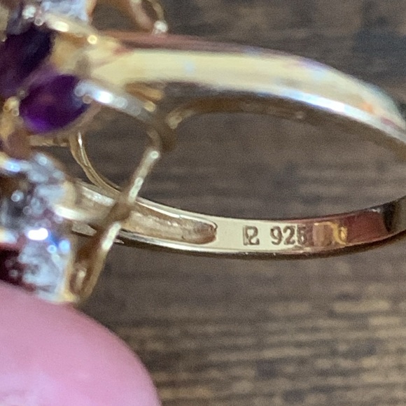 Simulated Amethyst/Diamond cocktail ring Sterling Silver 925 gold plated Size 7 - Picture 8 of 10